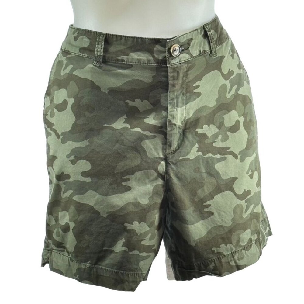 VANILLASTAR Women's Shorts Green Camouflage Mid Rise Cotton Pockets Zip Size 17